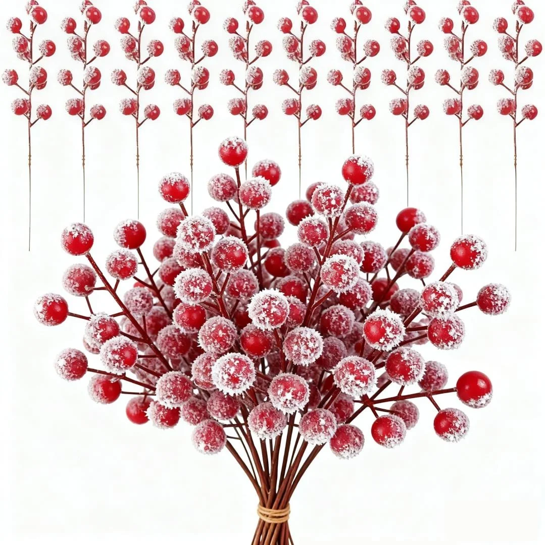 

32PCS Holly Berry Stems with Snow - Realistic Red Berries for Christmas, Valentine’s Day Decor, DIY Crafts, Wedding
