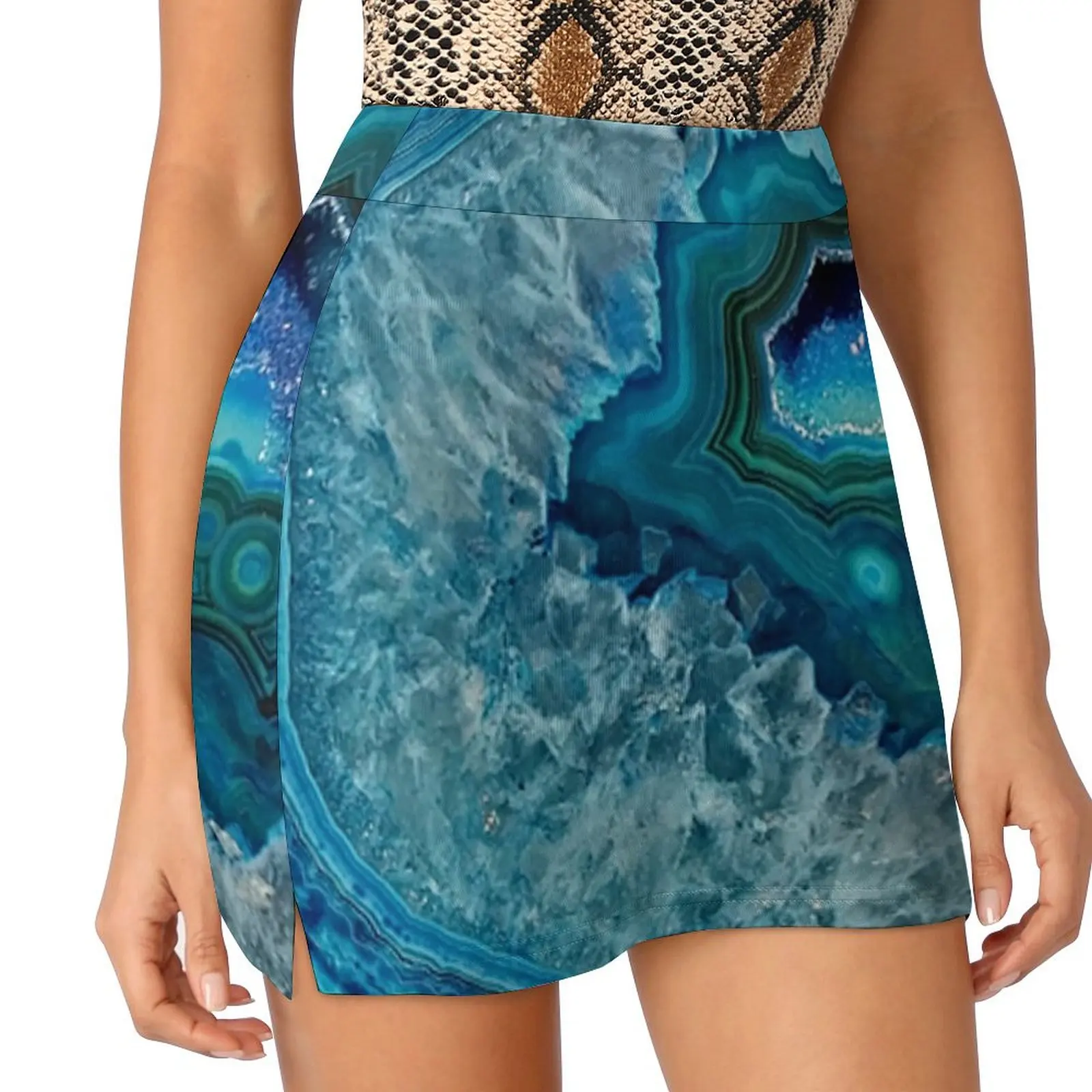 

Teal Aqua Turquoise Blue Rock Agate Mineral Crystals Pattern Mini Skirt women's stylish skirts Women's summer dress