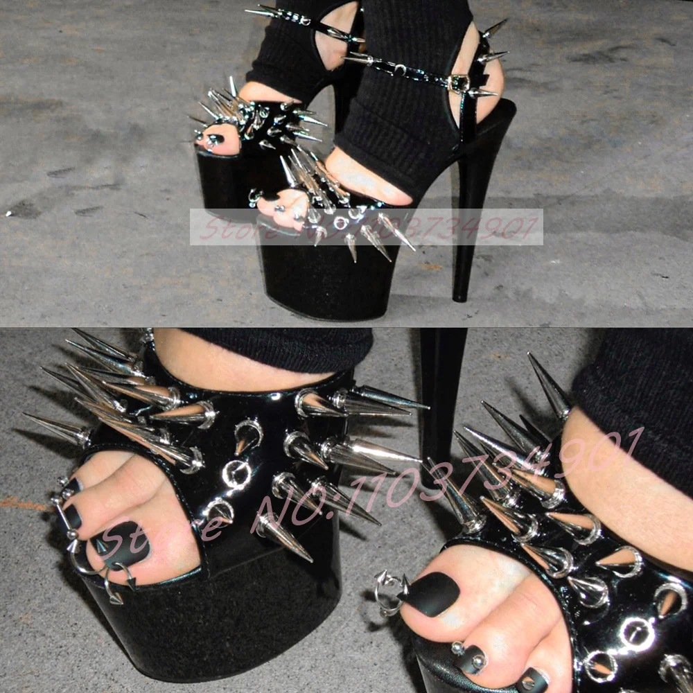 

Long Spiked Platform Ankle Strap Sandals Women Punk Stud Buckle Peep Toe High Heels Sandals Party Sexy Street Style Footwear