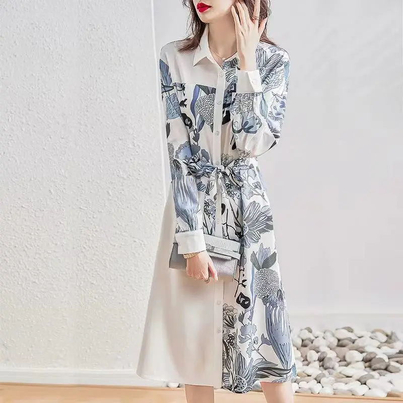 Autumn Spring New Korean Elegant Fashion Print Midi Dress Women Long Sleeve Chic Vestidos De Fiesta Vintage Aesthetic Robe Femme