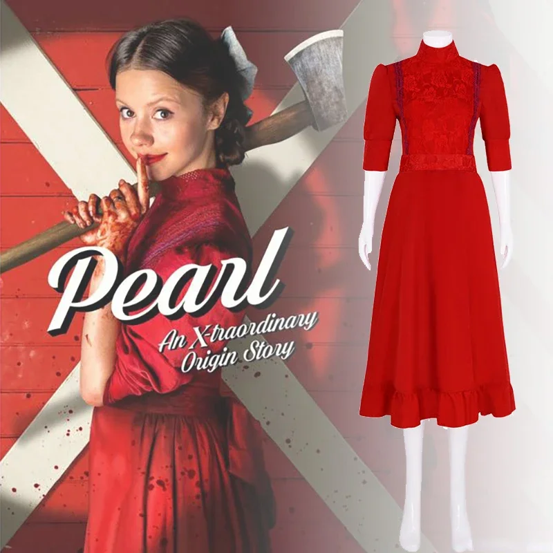 

New 2026 Movie Pearl Cosplay Costume Adult Women Printing Red Dress Halloween Uniform Casual Clothing Carnival Outfits