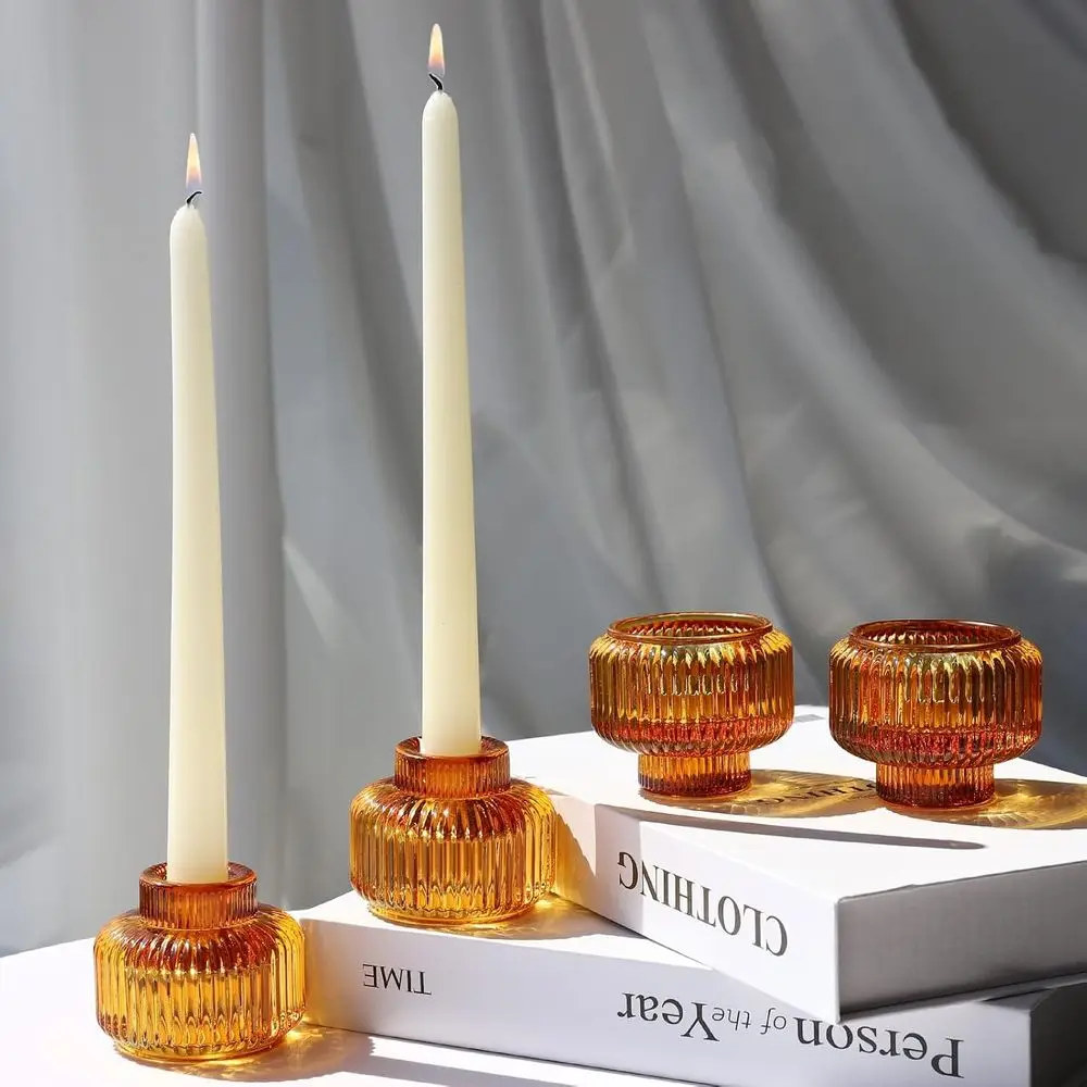 Candlestick Holders Set of 4, Amber Votive Candle Holders for Wedding Table Centerpiece, Ribbed Glass Taper Candle Holders for D