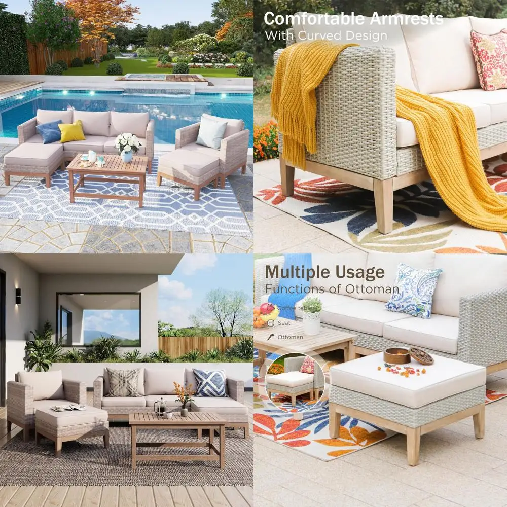 

5-Piece Natural Rattan Outdoor Sectional Sofa Set with Acacia Wood Coffee Table and Waterproof Cushions for Patio or Balcony