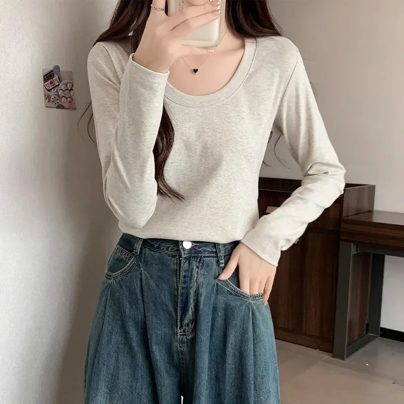 

Women New Pure Cotton Big U-Neck T-shirts Long Sleeve Solid Colors Elastic Slim Tops Sping Autumn Simple Casual Bottoming Shirts