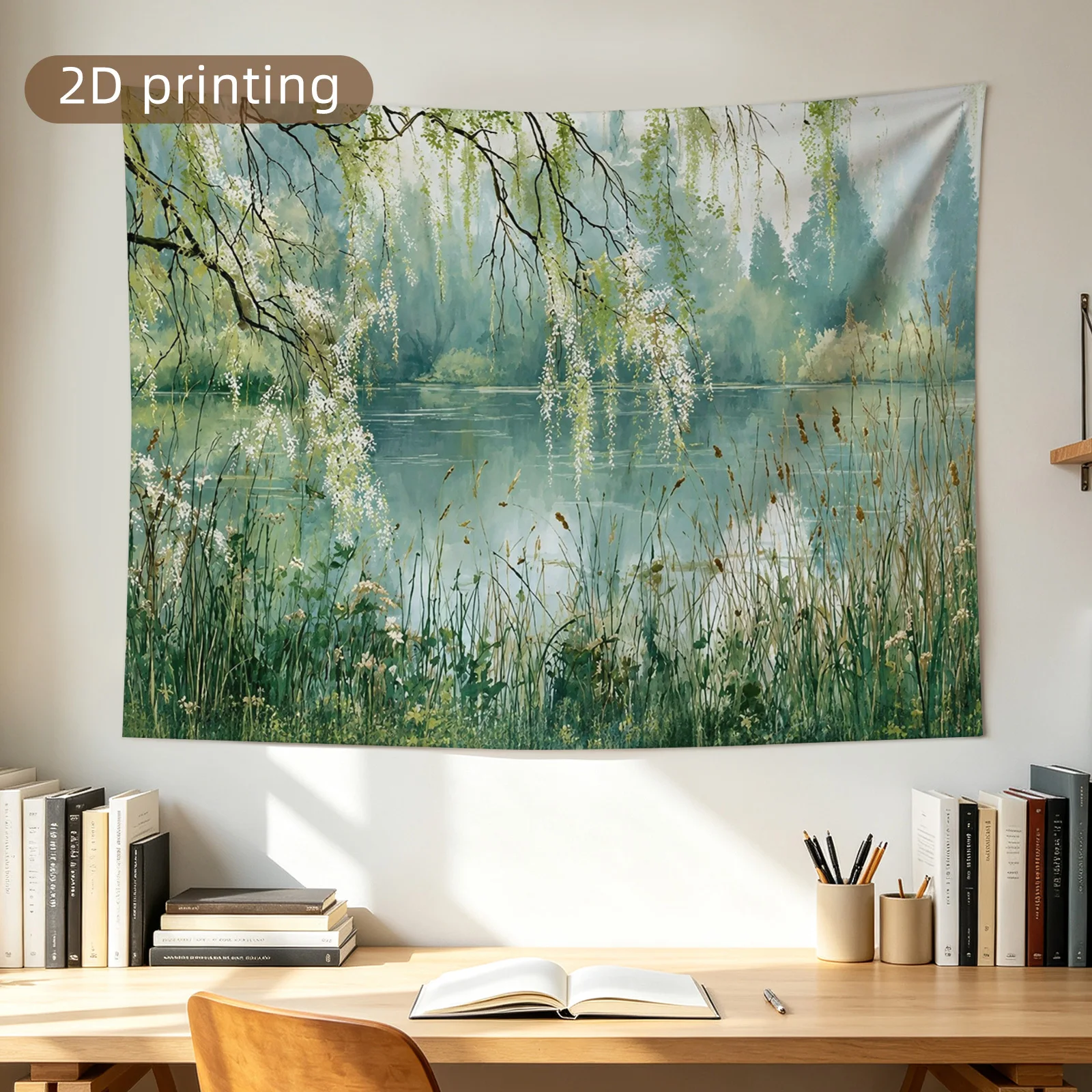 Large Polyester Tapestry Wall Hanging Bohemian Willow Creek Landscape Artwork Serene Forest Nature Decor for Home Bedroom Nurser