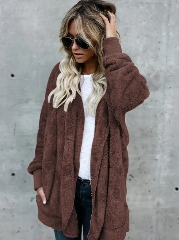 Herfst Winter Dubbel Fleece Vest Jasje Vrouwen Effen Kleur Lange Mouw Pluche Warme Damesjack Met Capuchon Oversized Bovenkleding Jas