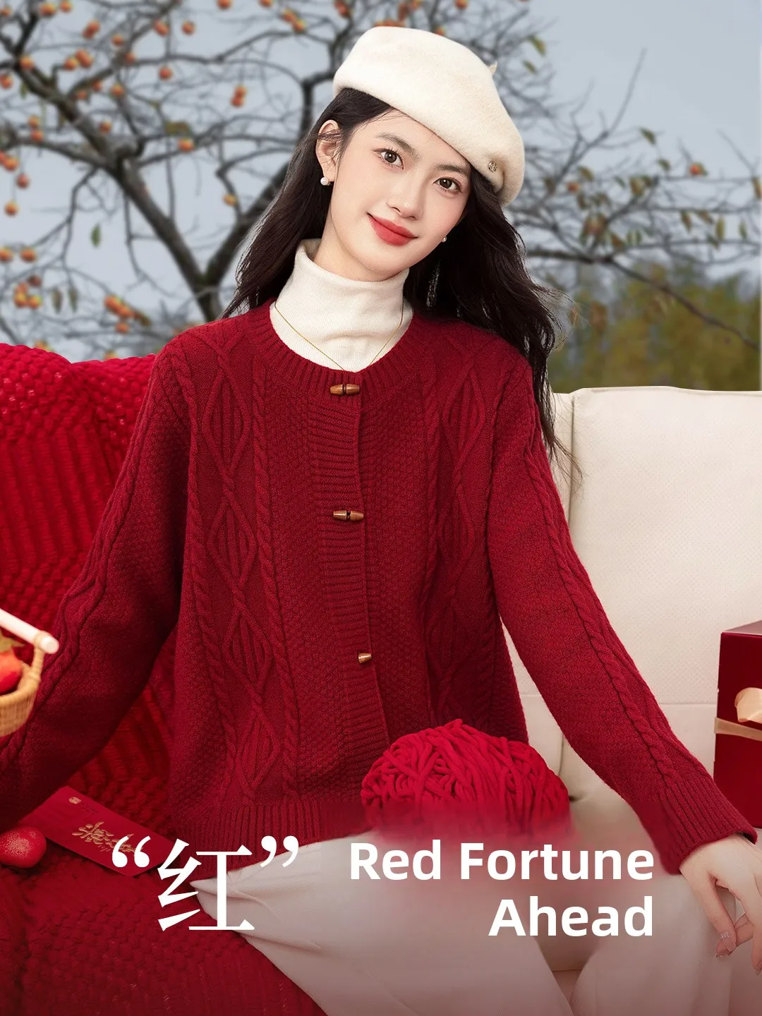 

Xin Fei Yu Super ular New Year Red Knitted Cardigan ort round Ne Women's Winter New Sle Warm Soft Long Sve Sweater
