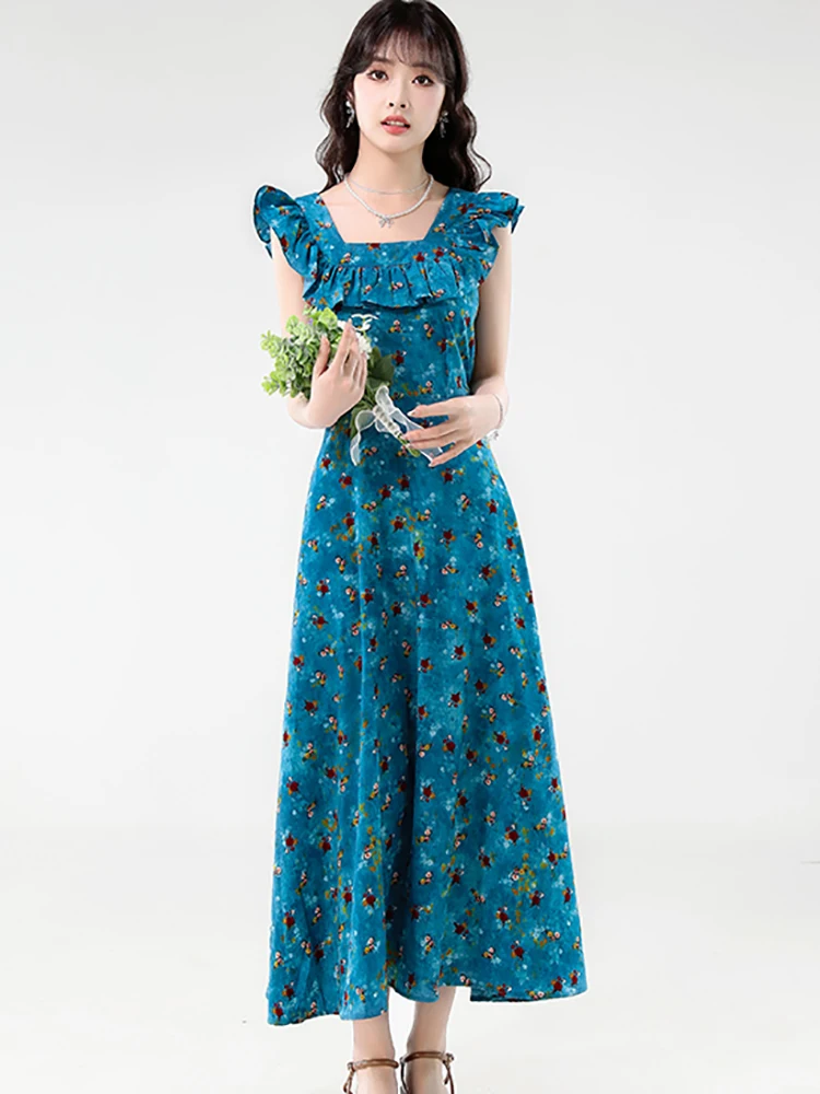 2025 Blue Floral Ruffled Square Collar Sleeveless Dress Summer Elegant Luxury Long Dress Women Korean Vintage Bodycon Prom Dress