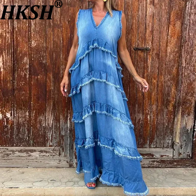 

Женское длинное джинсовое платье HKSH с V-образным вырезом, без рукавов, с многослойными оборками, в стиле ретро, элегантное повседневное платье, новинка лета HK19879