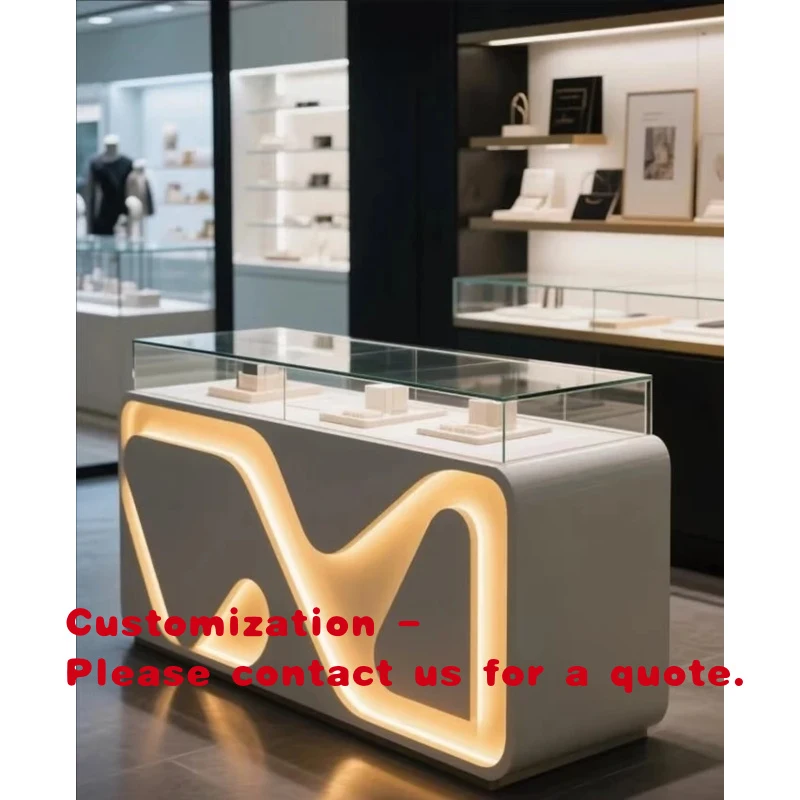 custom.Luxury White & Wood Mall Jewelry Store Custom Unique Design Fixtures Curved & Geometric Jewelry Display Series