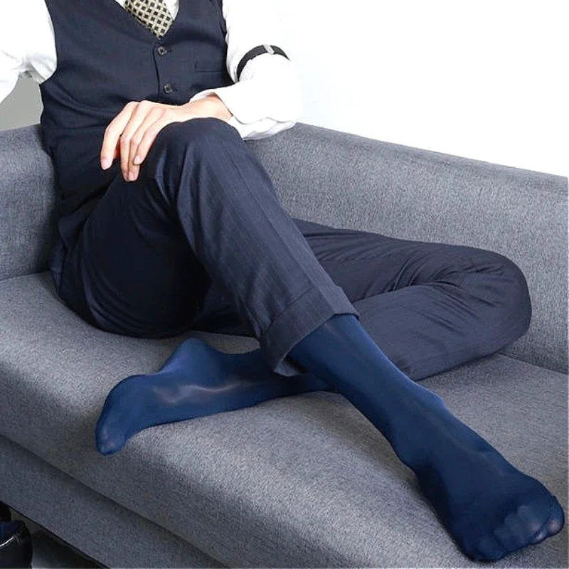 Medias transparentes para hombre, calcetines largos sexis de verano con brillo de aceite transparente, calcetines de vestir de Color sólido para hombre, medias suaves elásticas transparentes