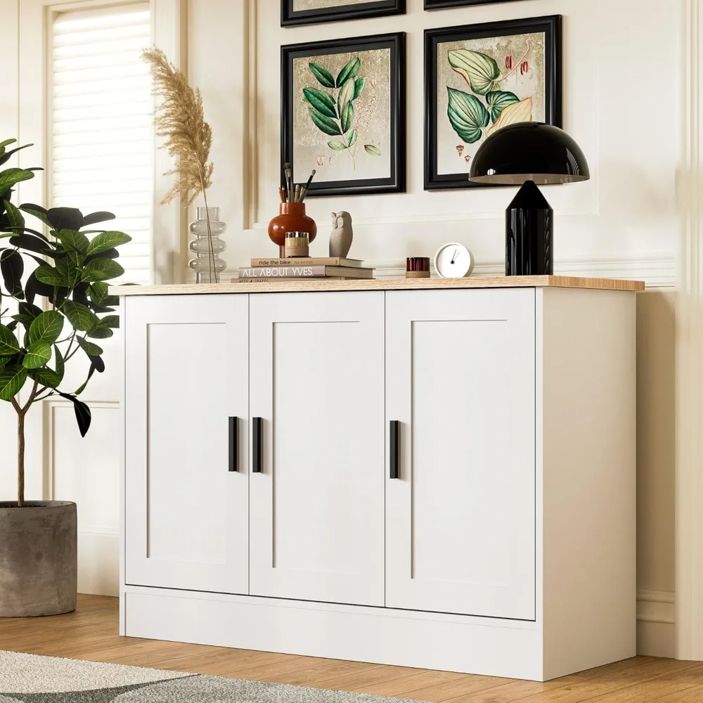 43.3”W White 3 Door Buffet Cabinet, Coffee Bar with Adjustable Shelf, Kitchen Sideboard for Living Room, Kitchen