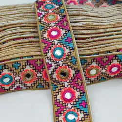 Decorative Mirror Lace Trim Ribbon, 3.5cm Wide, Embroidered Geometric Pattern, Pink Turquoise Gold Sewing Lace Fabric,Sell by