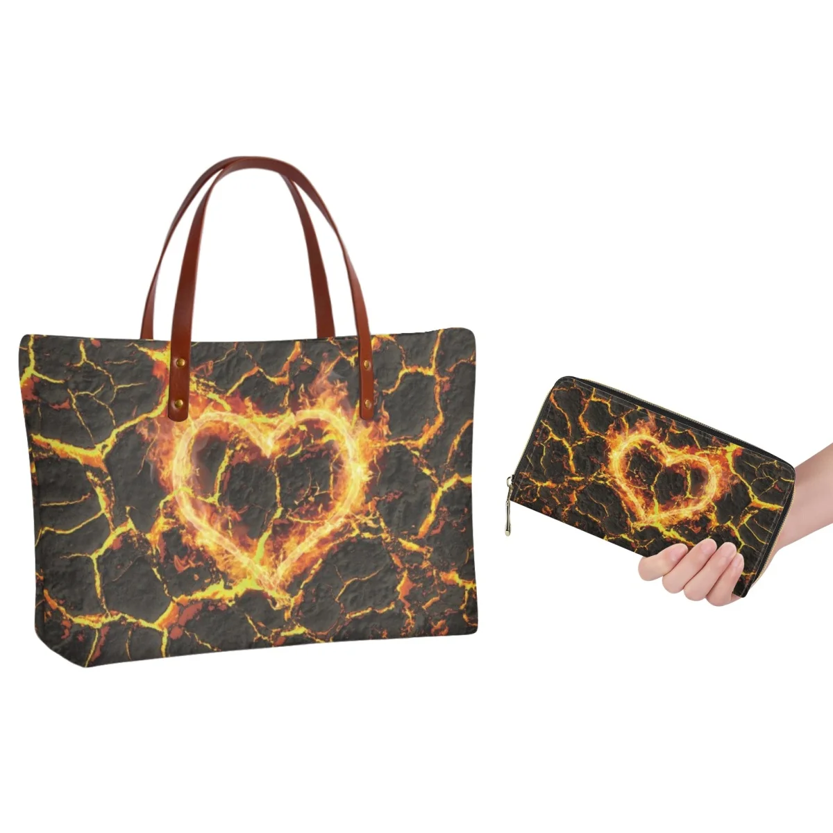 

FORUDESIGNS Handbag Fire Road Heart Design Wallet Yellow Burning Flame Handbag Ladies Bag Set Trendy High Street Shopper