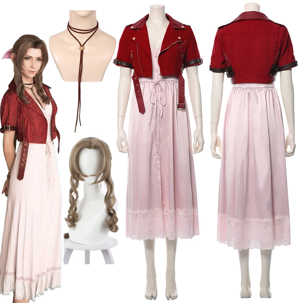 Aerith Cosplay Final Fantasy VII Cosplay Costume Disguise For Women Adult Jacket Dress Necklace Wig Halloween Carnival Suit