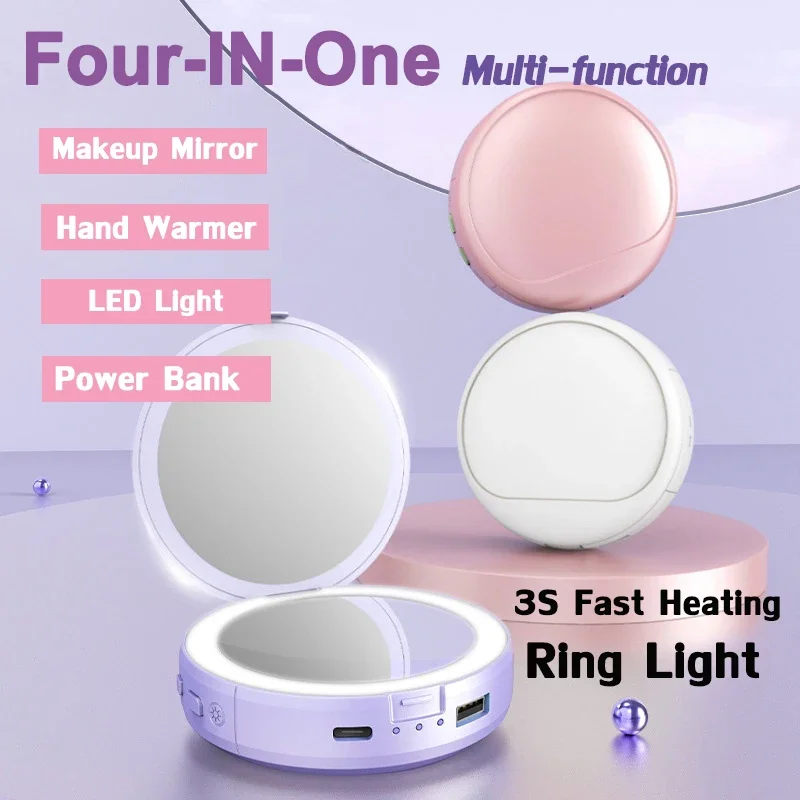 

4-in-1 LED multifunctional portable makeup mirror, rechargeable makeup mirror, 2400mAh mobile energy, heated and warm hands，gift