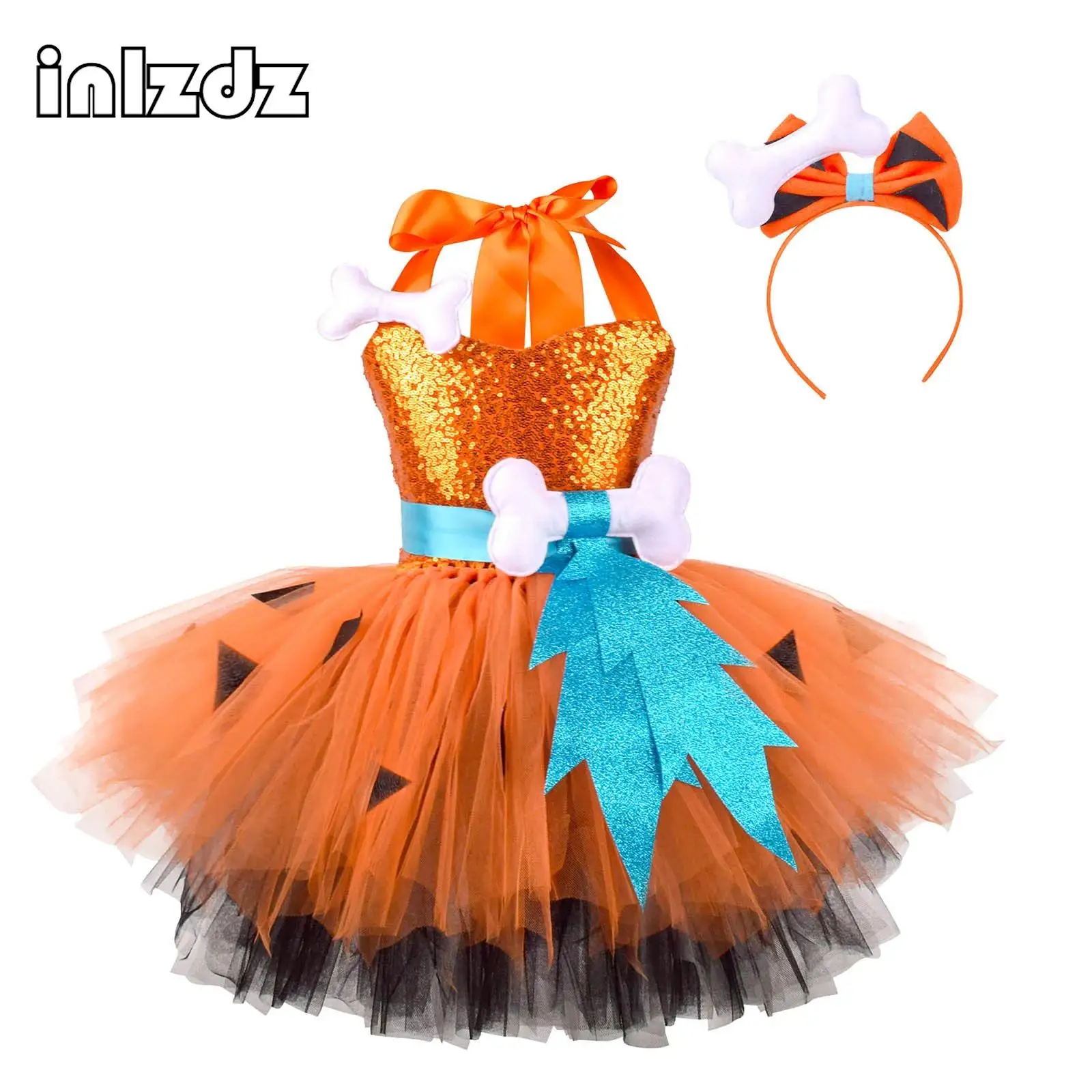 

Girls Cave Costume Cavegirl Sequins Dress Halter Neck 3D Bone Puffy Skirt with Headwear Sets for Halloween Cosplay Party