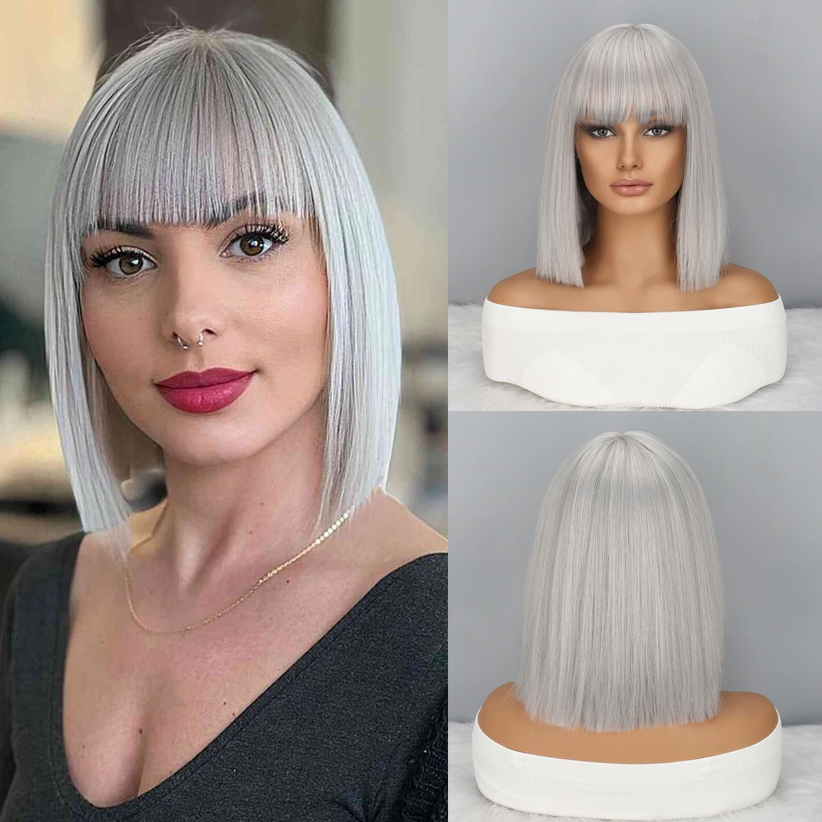 

Grey Bob Wig with Bangs, Short Grey Wig for Women Straight Bob Wigs Heat Resistant Synthetic wig Mia Wallace Cleopatra Cospaly