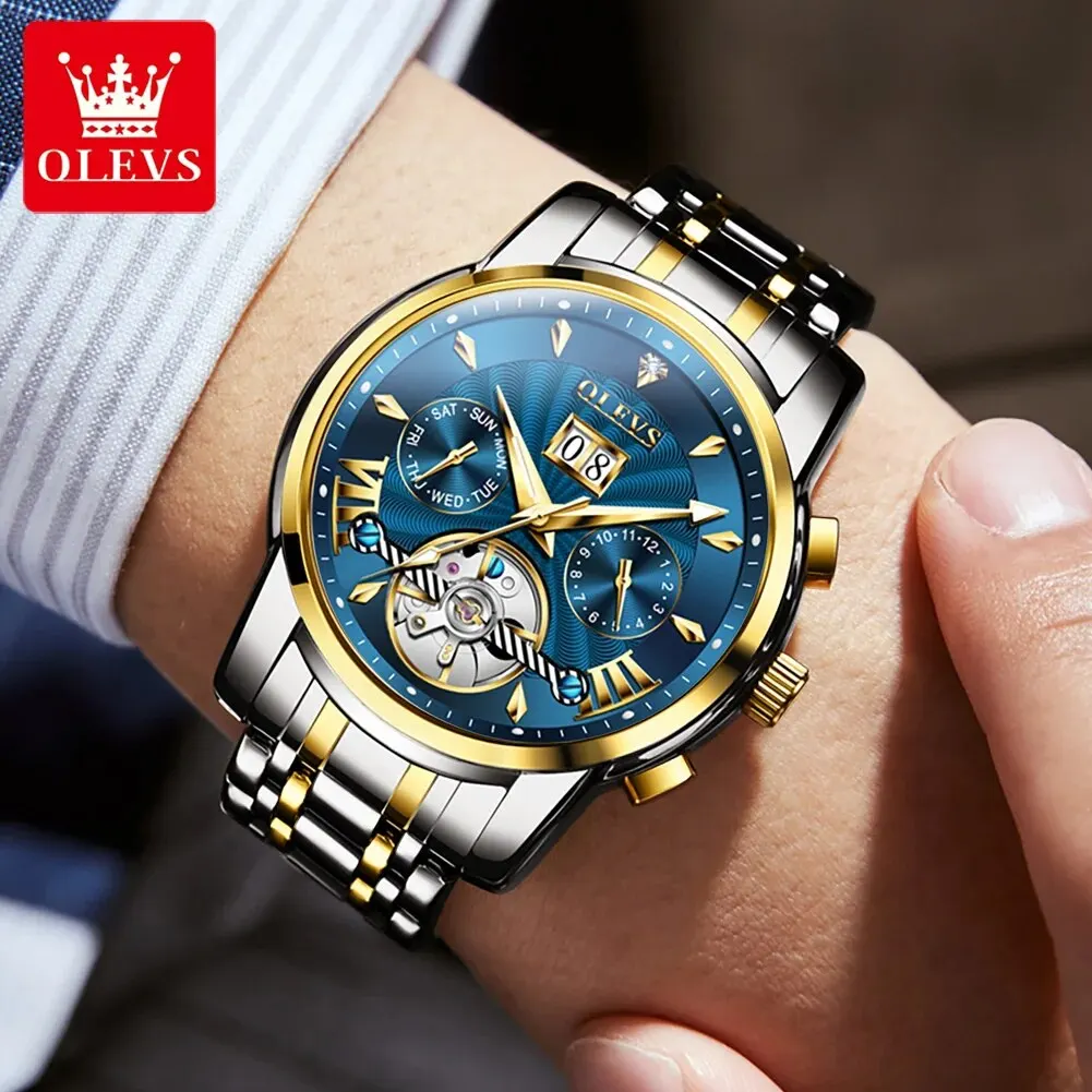 OLEVS Automatic Watch for Men Top Original Luxury Skeleton Flywheel Mechanical Wristwatches Classic Calendar Business Man Watch