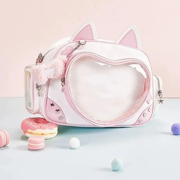 Kawaii Y2K Ita Bag Cat Backpack – Foldable, Adjustable Strap Crossbody Bag, Transparent Pocket, Preppy Style High Schoolbag