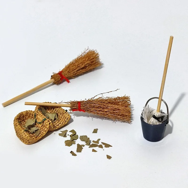 Simulation Miniature Broom Mop Dustpan Cleaning Tools Model Small Ornament DIY for Action Figures Decorative Prop