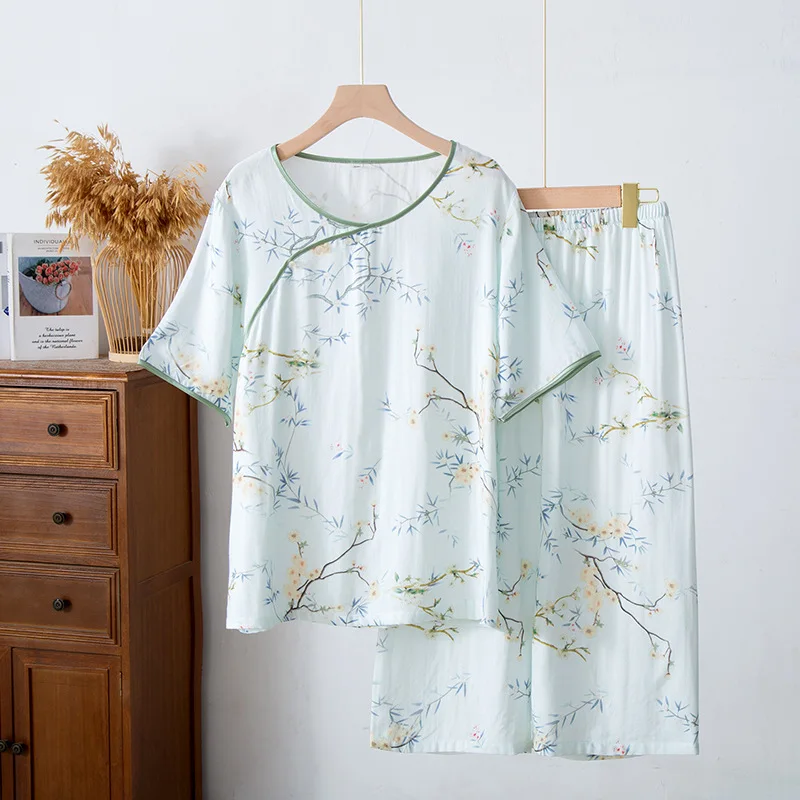 Women's Summer Bamboo Fiber Cotton Yarn Pajamas Chinese National Style Short-sleeved Cropped Pants Loungewear Set Thin Pullover