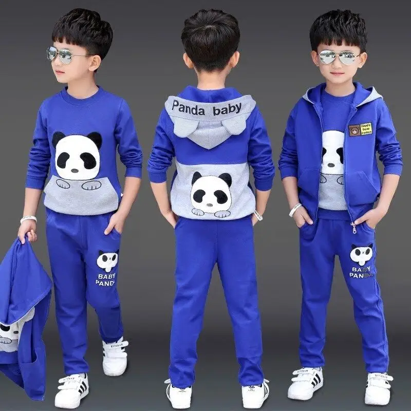 

New Boys Cartoon Panda Clothing 3 Pcs Set Spring Fall Children's Fashion Hooded Vest Coat + Tops + Pants Kids Sportwear Clothes