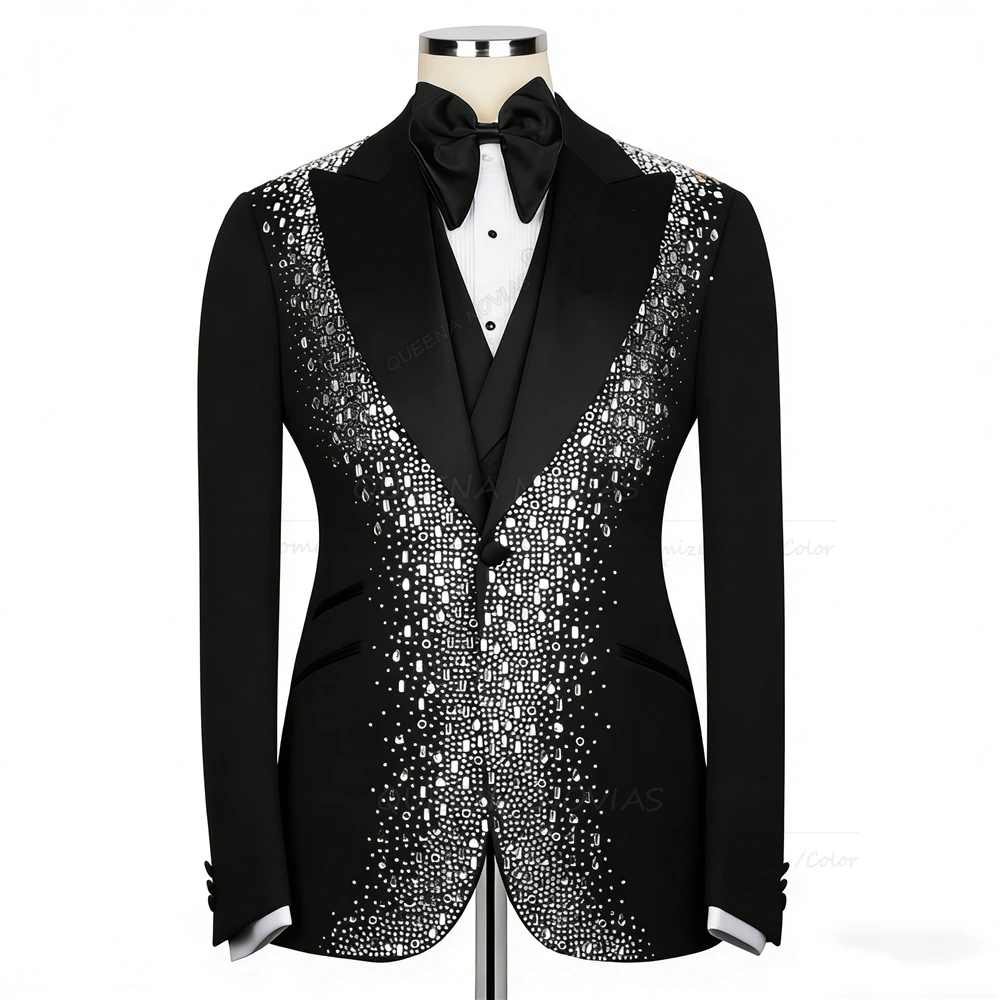 Luksusowy garnitur ślubny dla pana młodego z kryształkami, smoking, 3-częściowy, jednorzędowa marynarka, kamizelka, spodnie, szyty na miarę, strój bankietowy, męska marynarka.