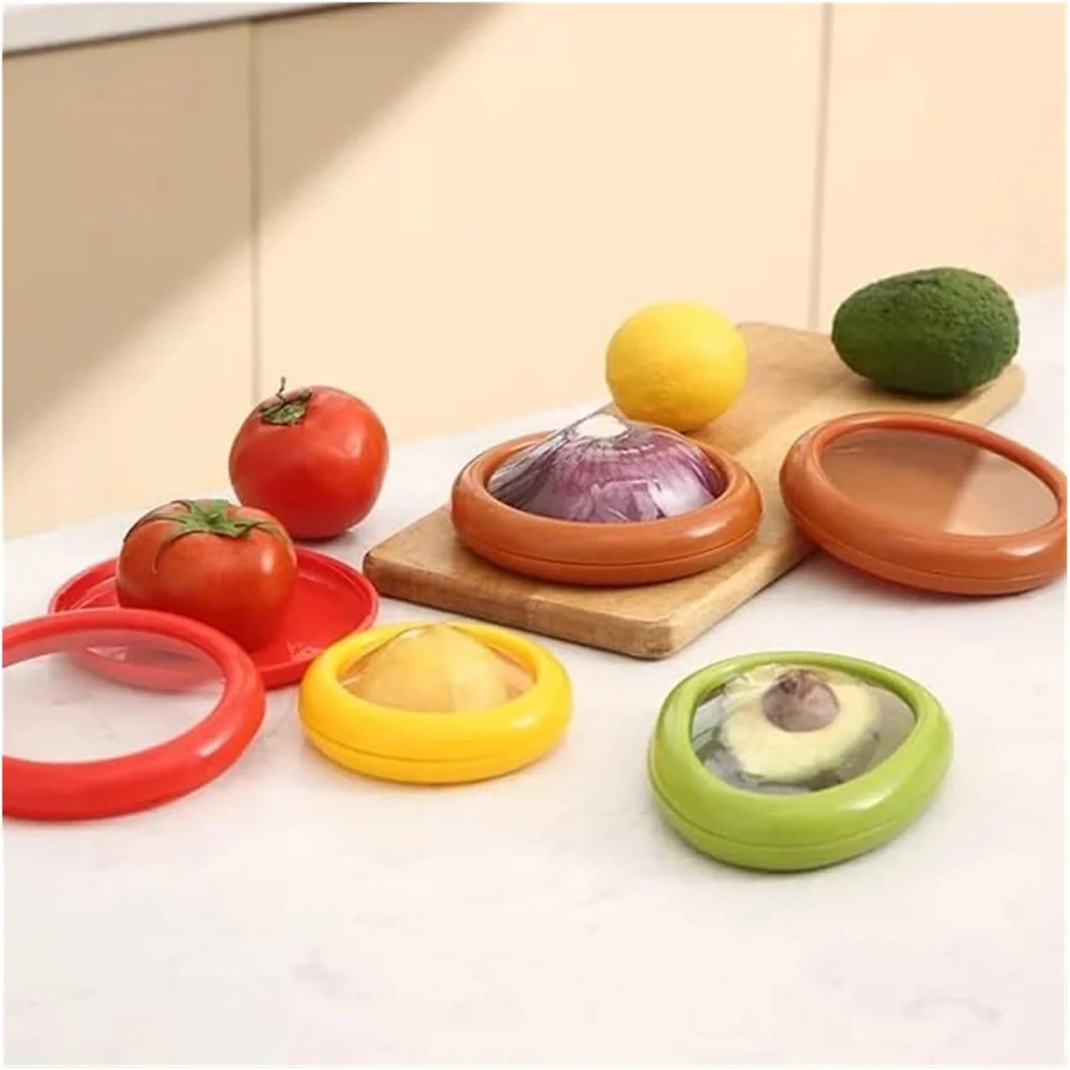 4pc Silicone Fruit And Vegetable  Container Set for Fridge，Avocado Silicone Saver，Tomato  Container，Onion ，And Lemon Sav