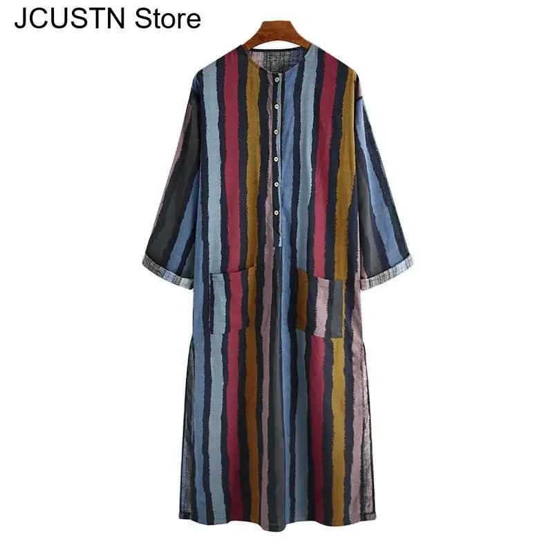 Islamic Arabian Kaftan Suit Middle East Dubai Abaya Retro Spring Clothing 2026 New Men's Muslim Long Sleeve Cotton Striped Robes