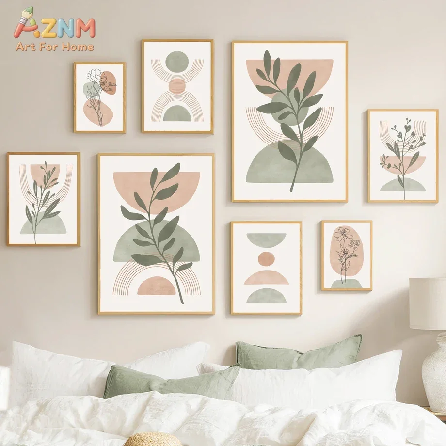 Image of AZNM Ungerahmte Boho abstrakte botanische Leinwand-Wandkunst, salbeigrüner, zartrosa geometrischer Blatt- und Blumen-Linienkunstdruck, minimalistischer Ne