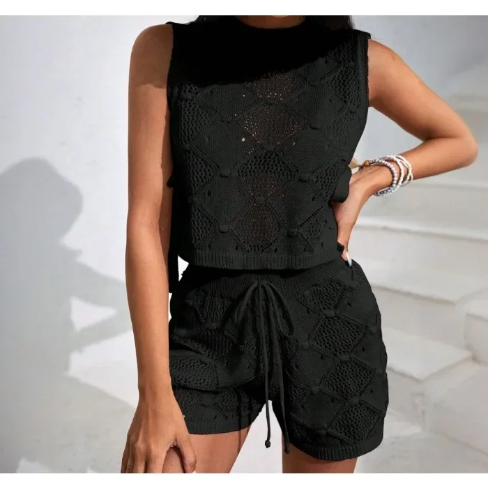 

Shorts 2 Piece Set Women Style Hollow Solid Everyday Loose Design Round Neck Sleeveless Top Half Pants Suit New 2025 Summer