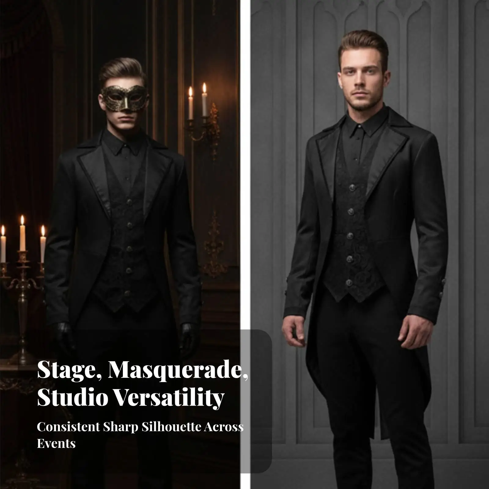 Men Gothic Tailcoat with Notched Lapels Victorian Style Stage Costume Jacket for Theatrical Performance