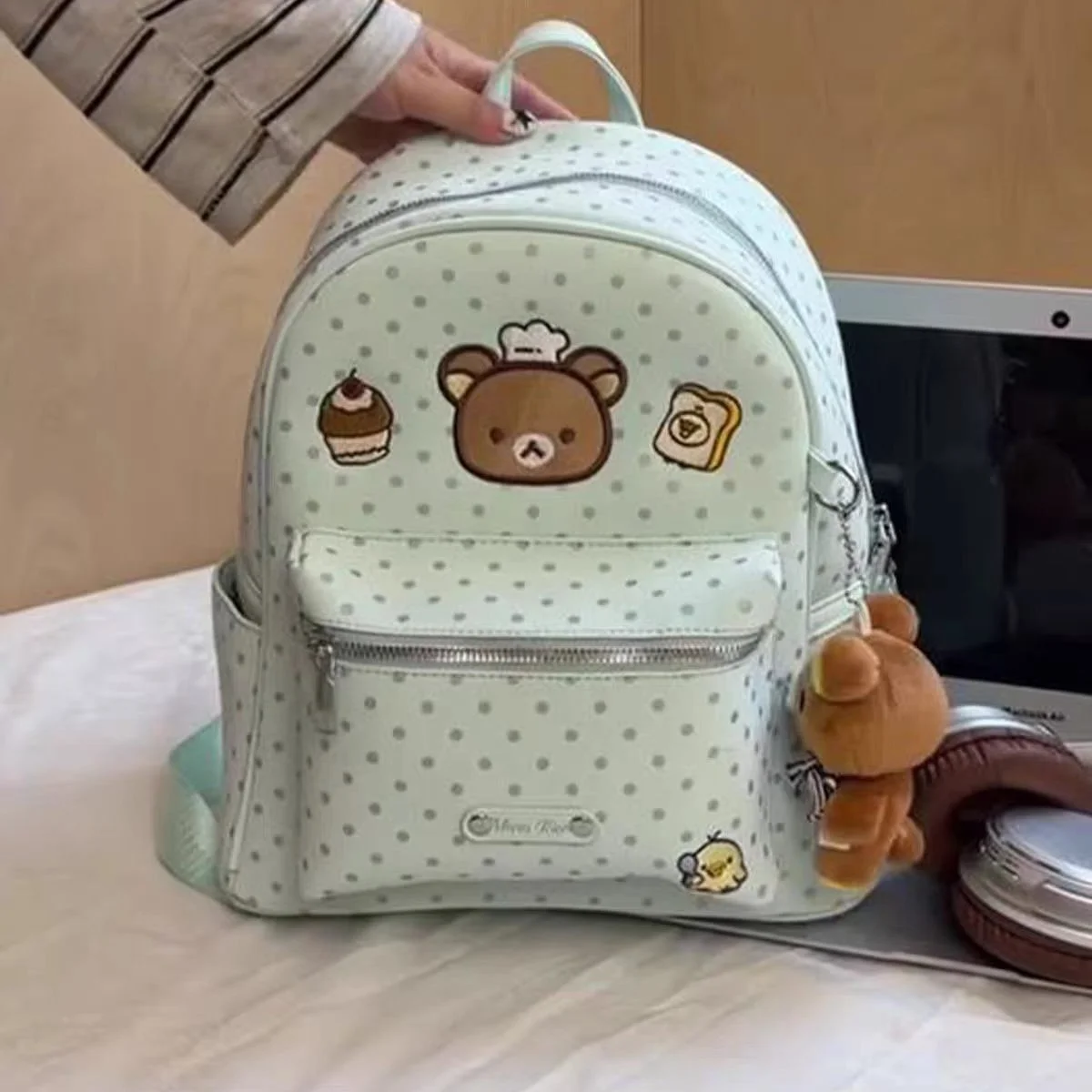 Polka Dot Rilakkuma Backpack Ins Style Cute Large Capacity School Bag Casual Travel Commute Shoulder Bag for Girls Students