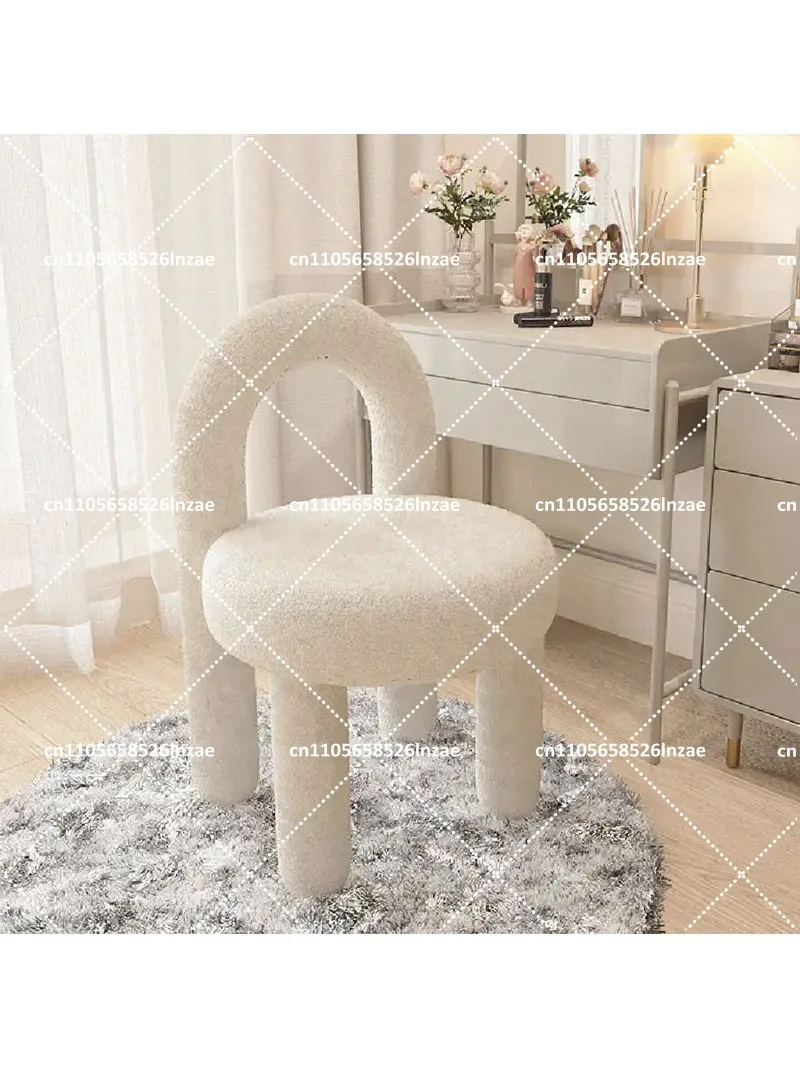 Furry Round Ottoman Vanity Stool with Back Support, Padded Dressing Table Seat Footrest