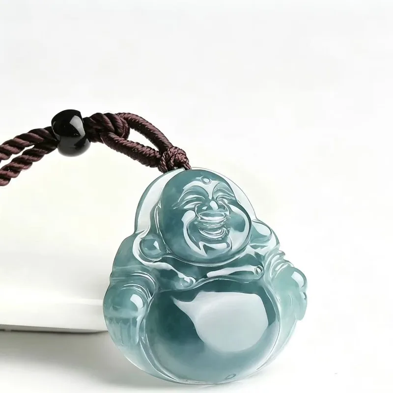 New Natural Real Emerald Jade Blue Water Maitreya Buddha Pendant Necklace Carved Jadeite Jewelry Amulet Gifts Certificate Charm