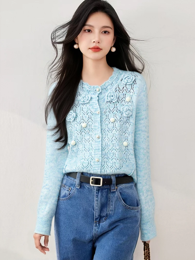 新品、秋、冬、韓国風、セーター、ファッション、セクシー、透かし彫り、3D、花、女性、長袖、ニット、カーディガン、ボタン、トップス、5102205