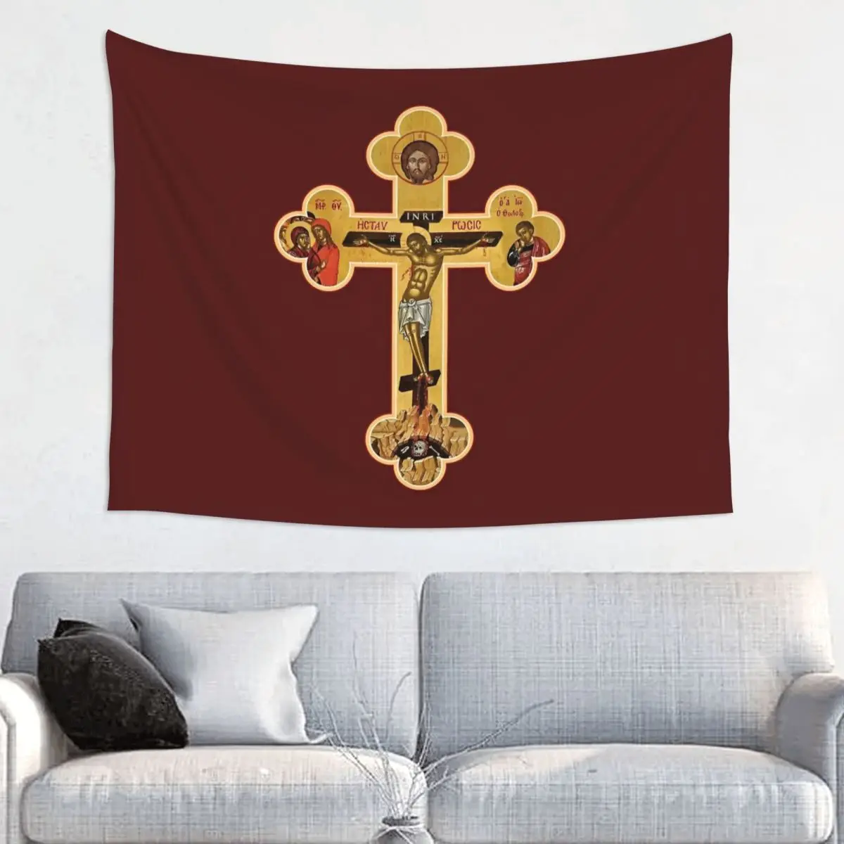Orthodox Calvary Cross Tapestry Colorful Polyester Wall Hanging Jesus Christ Wall Decor Curtain Psychedelic Wall Tapestry