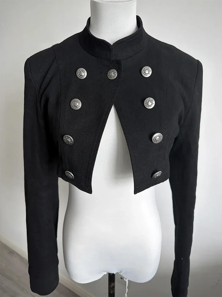 Gothic Punk Y2K Stand Collar Dark Aesthetic Double Breasted Twill Women Cropped Jacket Trendy Slim Fit Short Cardigan Tops Coat - view 5
