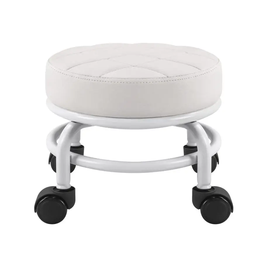 Low Roller Seat PU Leather Rolling Stool Step Stool Mechanic Stool on Wheels for Home Office Garage Shop White
