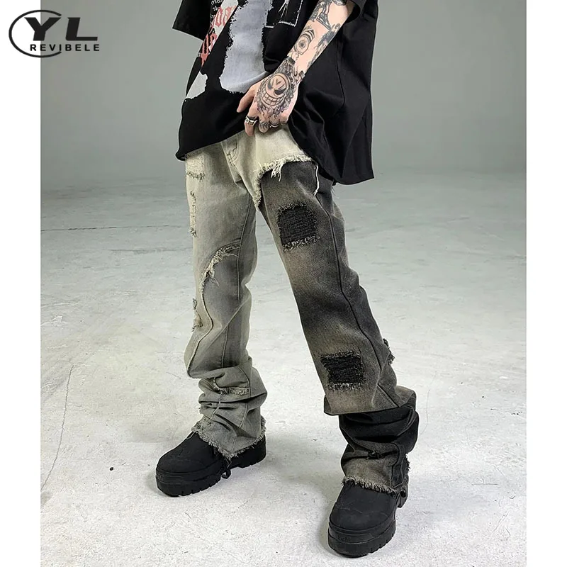 

Hip Hop Patchwork Hole Denim Pants Men Vintage Harajuku Beggar Straight Jeans Spring Autumn Male High Street Tassels Trousers