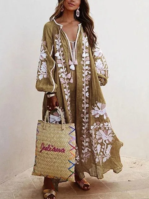 2023 Zomer Nieuwe Mode Retro Print Jurk Voor Vrouwen Casual V-hals Lange Mouwen Trui Losse Jurk Feestelijke Stijl Damesjurk
