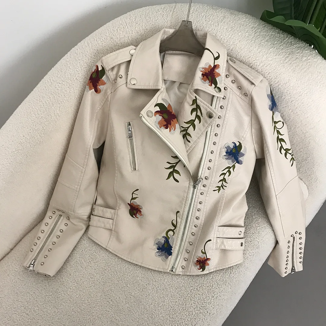 2024 Spring New Style Fashionable Embroidered Rivet Women's Slim Fit PU Leather Jacket for Women