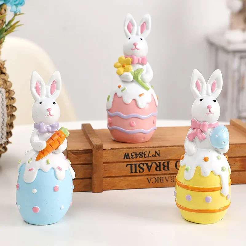 1Pc Cute Cartoon Easter Egg Rabbit Resin Ornament Holiday Atmosphere Home Decoration Children Gift Bunny Figurines Fairy Garden