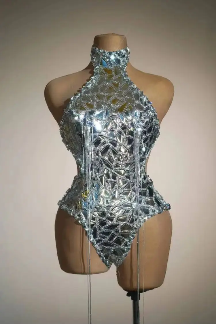 

Silver Night Out Wear Drag Queen Outfit with Hat Shinny Sequins Bodysuit Women Dancer Nightclub Party Tassel Costume Liangpian