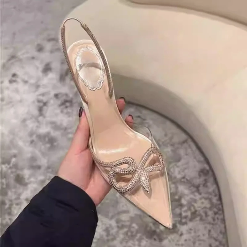 

Прозрачные женские босоножки на высоком каблуке на шпильке, новинка 2025, эластичные сандалии с острым носком и стразами