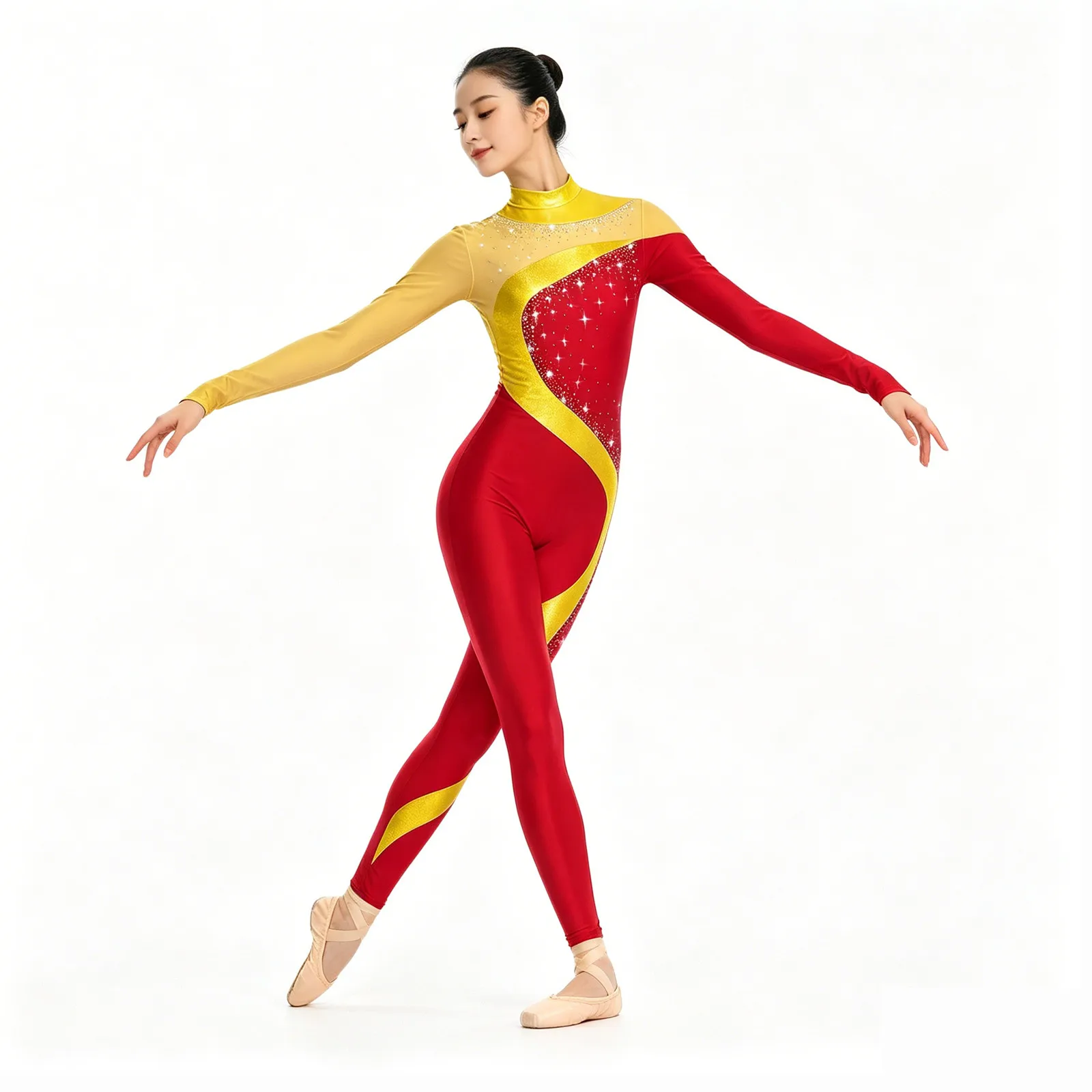 Damen Metallic Rhythmische Gymnastik Eiskunstlauf Ballett Ganzanzug Overall Langarm Athletisch Ballett Tanz Body Kostüm