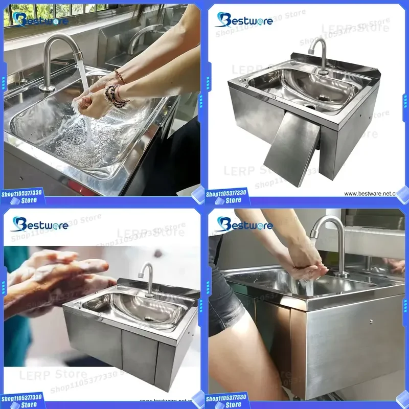 Industrial Stainless Steel Single Tank Square Hand Sink with Faucet for Commercial Kitchen Catering Knee Control Wash Basin