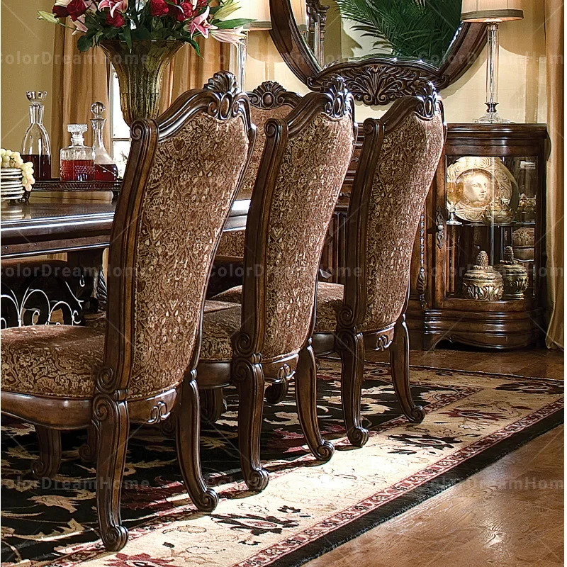 custom.American Design Restaurant Luxury Carved Wooden Dining Side Chair Antique Genuine Leather Upholstered Dining Chair