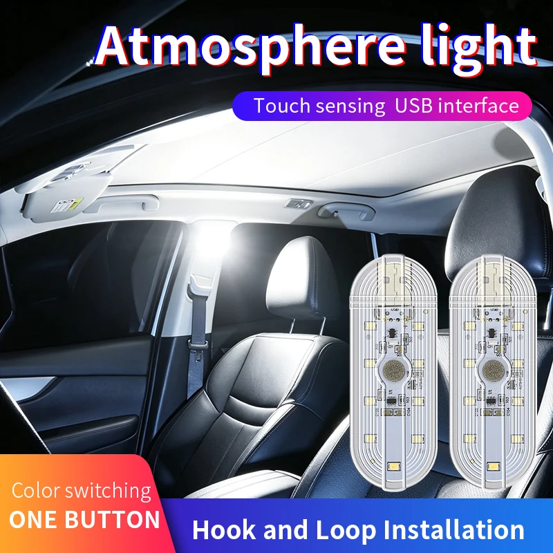 1pc Wireless Car LED Interior Ambient Light Roof Light Reading Light LED Touch Sensor USB Charging Decorative Lamp White